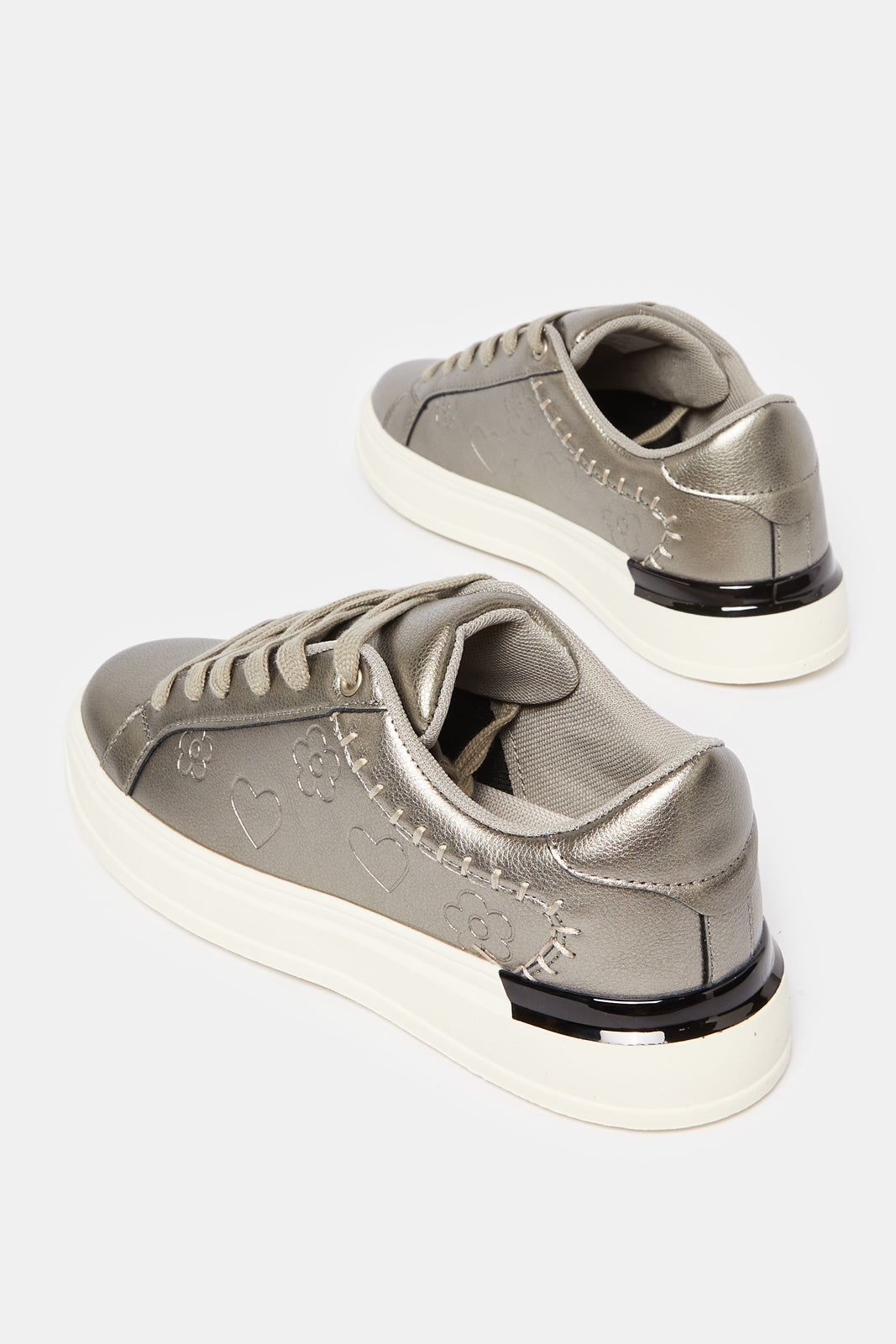 Women Grey Embellished Lace Up Sneakers