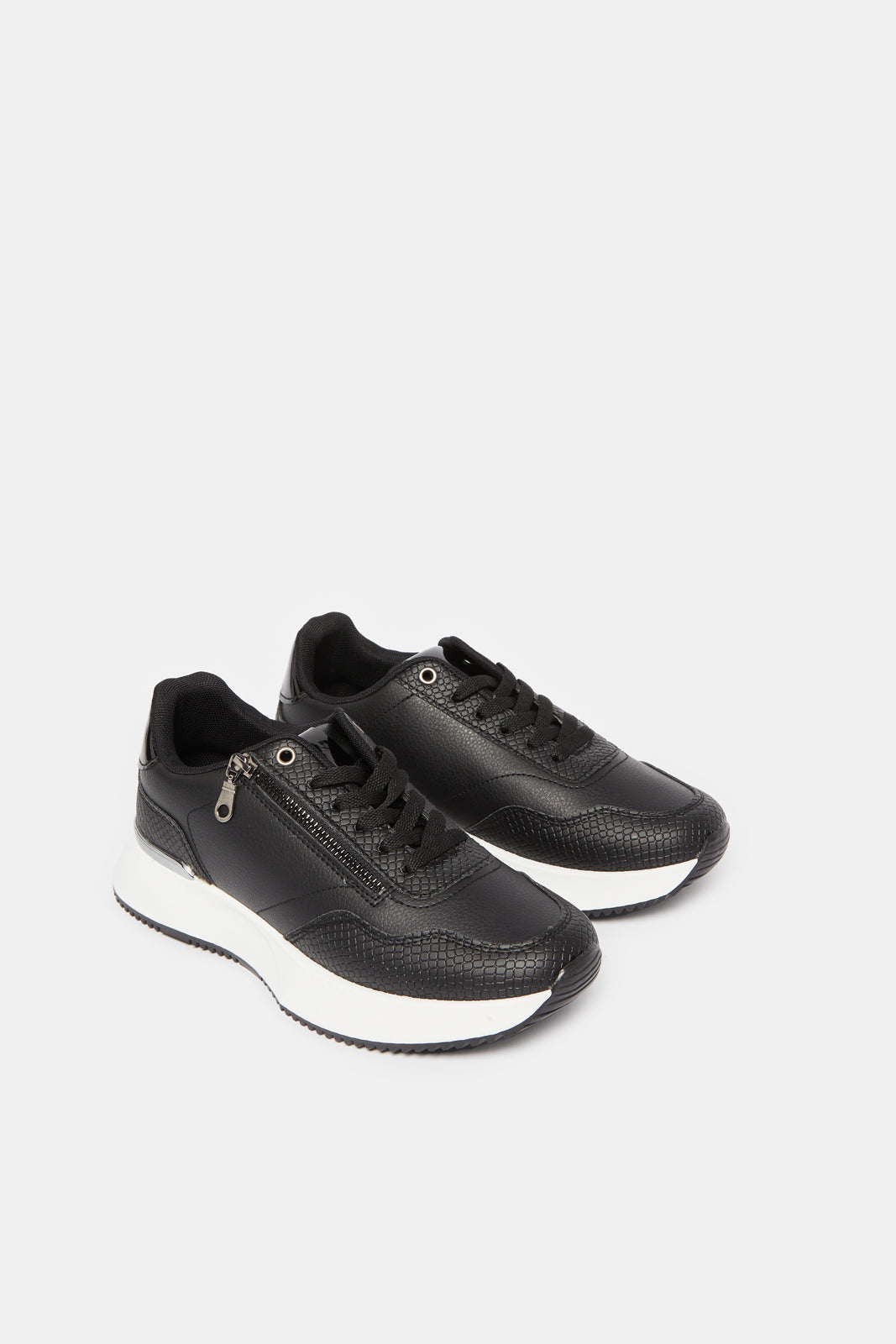 Women Black Textured Lace Up Sneakers
