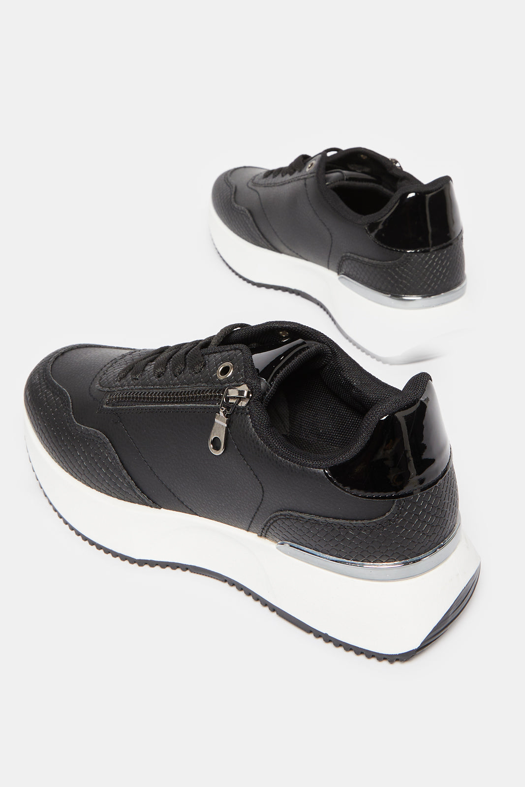 Women Black Textured Lace Up Sneakers