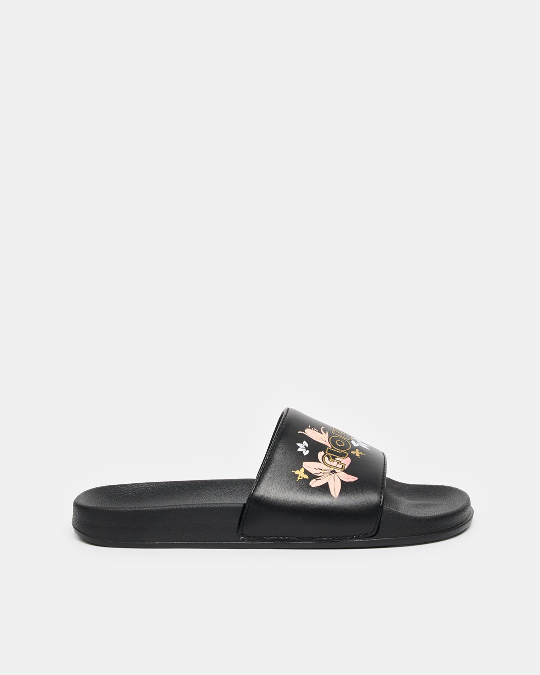 Women Black Slogan Embossed Slide